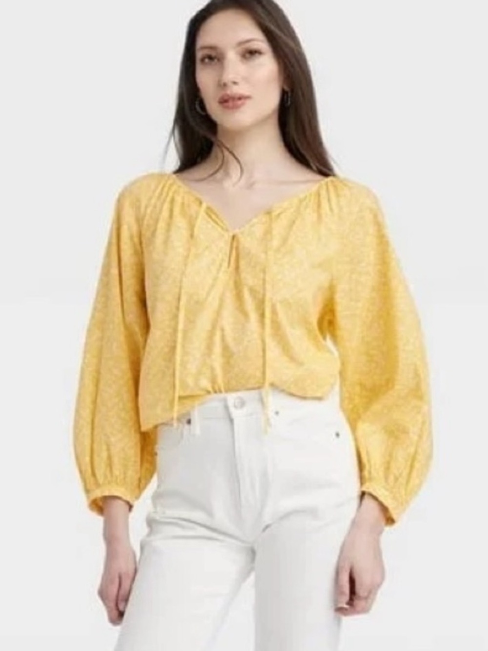 Universal Thread Yellow Floral Tie-Front Peasant Blouse